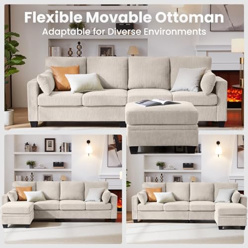 CHIC HOUSE Corduroy Sectional Couch with Ottoman Chaise, L Shaped 4-seat Sofa for Living Room, Apartment, Lounge, Modern Armrest Neck Support Furniture (L-Shaped, Beige)