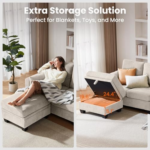 CHIC HOUSE Corduroy Sectional Couch with Ottoman Chaise, L Shaped 4-seat Sofa for Living Room, Apartment, Lounge, Modern Armrest Neck Support Furniture (L-Shaped, Beige)