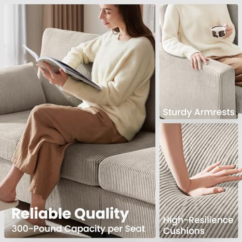 CHIC HOUSE Corduroy Sectional Couch with Ottoman Chaise, L Shaped 4-seat Sofa for Living Room, Apartment, Lounge, Modern Armrest Neck Support Furniture (L-Shaped, Beige)