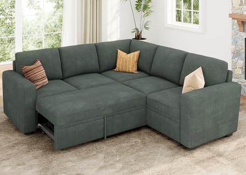 HONBAY Modular Sectional Sleeper Sofa with Pull Out Bed, Corduroy L Shaped Couch with Storage Seats, Convertible Sectional Couches for Living Room, Green