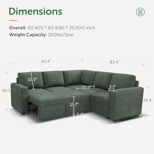 HONBAY Modular Sectional Sleeper Sofa with Pull Out Bed, Corduroy L Shaped Couch with Storage Seats, Convertible Sectional Couches for Living Room, Green
