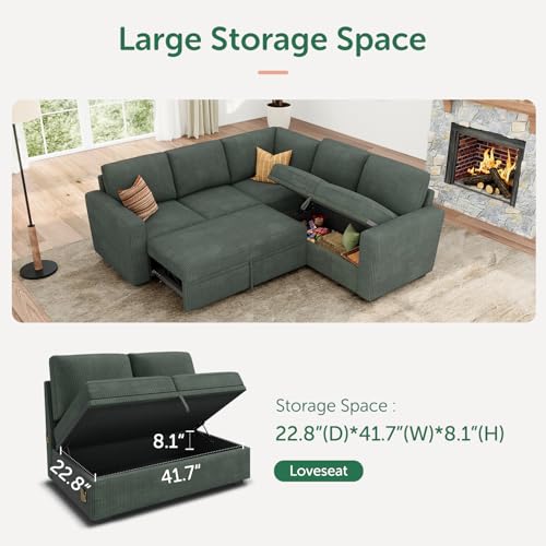 HONBAY Modular Sectional Sleeper Sofa with Pull Out Bed, Corduroy L Shaped Couch with Storage Seats, Convertible Sectional Couches for Living Room, Green