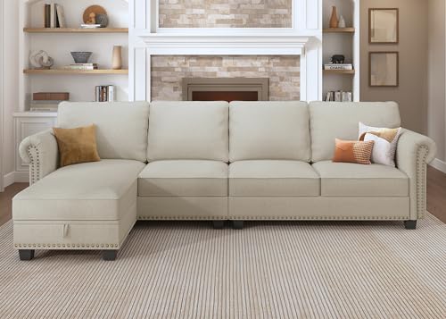 Nolany Sectional Sofa, L Shaped Sectional Couch with Reversible Chaise, Convertible 4 Seater Sofa for Small Space, Beige