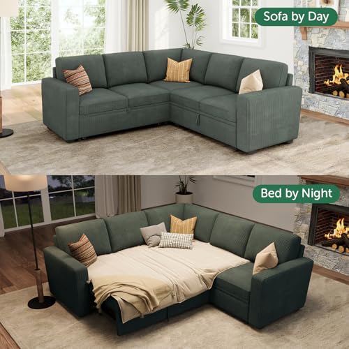 HONBAY Modular Sectional Sleeper Sofa with Pull Out Bed, Corduroy L Shaped Couch with Storage Seats, Convertible Sectional Couches for Living Room, Green