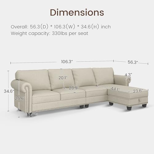 Nolany Sectional Sofa, L Shaped Sectional Couch with Reversible Chaise, Convertible 4 Seater Sofa for Small Space, Beige