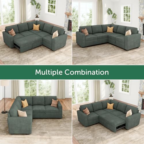 HONBAY Modular Sectional Sleeper Sofa with Pull Out Bed, Corduroy L Shaped Couch with Storage Seats, Convertible Sectional Couches for Living Room, Green