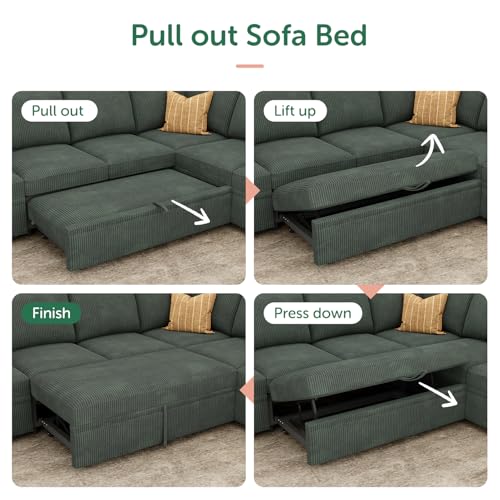 HONBAY Modular Sectional Sleeper Sofa with Pull Out Bed, Corduroy L Shaped Couch with Storage Seats, Convertible Sectional Couches for Living Room, Green