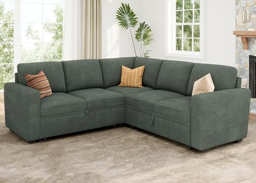 HONBAY Modular Sectional Sleeper Sofa with Pull Out Bed, Corduroy L Shaped Couch with Storage Seats, Convertible Sectional Couches for Living Room, Green
