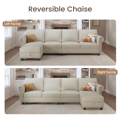 Nolany Sectional Sofa, L Shaped Sectional Couch with Reversible Chaise, Convertible 4 Seater Sofa for Small Space, Beige