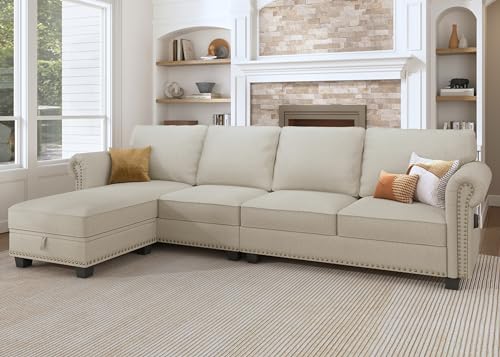 Nolany Sectional Sofa, L Shaped Sectional Couch with Reversible Chaise, Convertible 4 Seater Sofa for Small Space, Beige