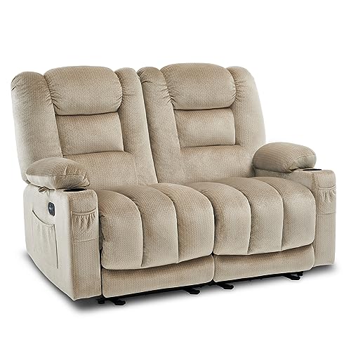 MCombo 55.9" Power Loveseat Recliner with Heat and Vibration, Fabric Electric Loveseat Recliner, USB Charge Port, Cup Holders for Living Room PR648 (Beige)
