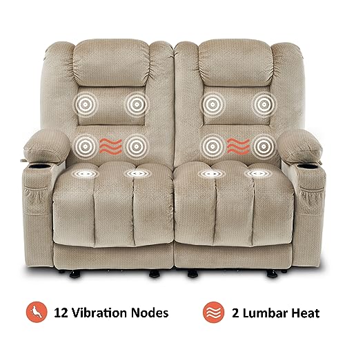 MCombo 55.9" Power Loveseat Recliner with Heat and Vibration, Fabric Electric Loveseat Recliner, USB Charge Port, Cup Holders for Living Room PR648 (Beige)