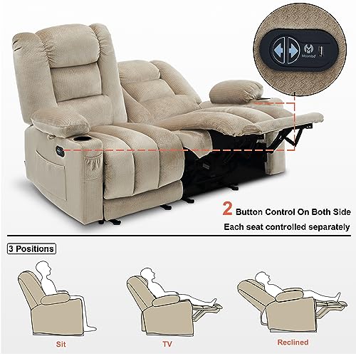 MCombo 55.9" Power Loveseat Recliner with Heat and Vibration, Fabric Electric Loveseat Recliner, USB Charge Port, Cup Holders for Living Room PR648 (Beige)