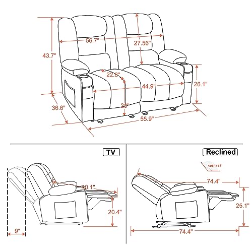 MCombo 55.9" Power Loveseat Recliner with Heat and Vibration, Fabric Electric Loveseat Recliner, USB Charge Port, Cup Holders for Living Room PR648 (Beige)