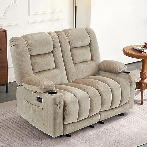 MCombo 55.9" Power Loveseat Recliner with Heat and Vibration, Fabric Electric Loveseat Recliner, USB Charge Port, Cup Holders for Living Room PR648 (Beige)