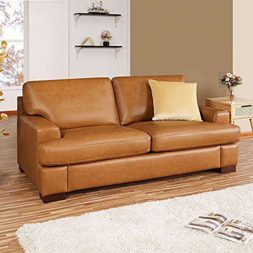 Naomi Home Siggy Genuine Leather Loveseat - Luxurious Comfort, Goose Feather Cushion Filling, Square Arm Design, Sturdy Block Legs, Elegant Tan - Ideal for Living Room, Office, or Bedroom