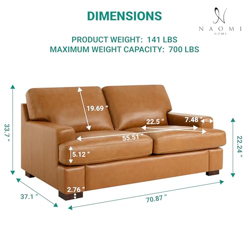 Naomi Home Siggy Genuine Leather Loveseat - Luxurious Comfort, Goose Feather Cushion Filling, Square Arm Design, Sturdy Block Legs, Elegant Tan - Ideal for Living Room, Office, or Bedroom