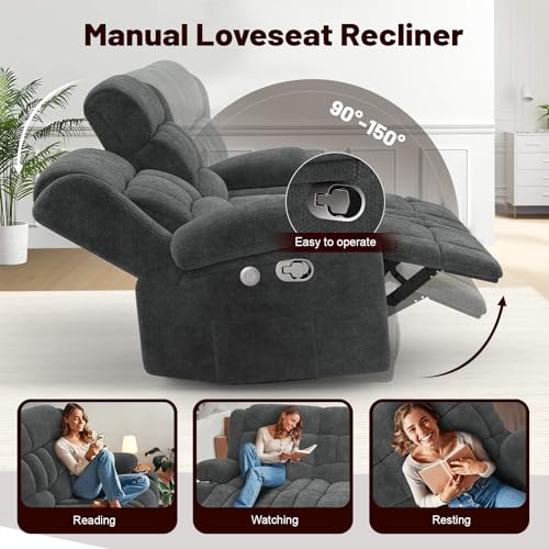 IROSTAE Loveseat Recliner Sofa, 2 Seater Minimalist Style Fabric Manual Pull Tab Reclining Loveseat with USB Charge Ports, Cup Holders, Recliner Love Seat Couches for Living Room, RV, Gray