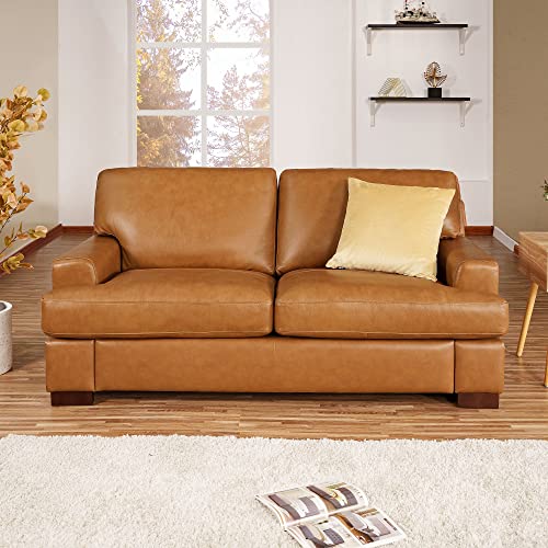 Naomi Home Siggy Genuine Leather Loveseat - Luxurious Comfort, Goose Feather Cushion Filling, Square Arm Design, Sturdy Block Legs, Elegant Tan - Ideal for Living Room, Office, or Bedroom