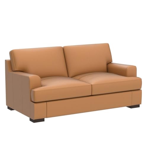 Naomi Home Siggy Genuine Leather Loveseat - Luxurious Comfort, Goose Feather Cushion Filling, Square Arm Design, Sturdy Block Legs, Elegant Tan - Ideal for Living Room, Office, or Bedroom