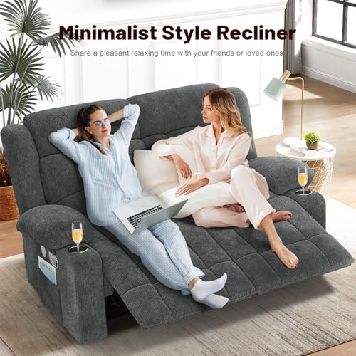 IROSTAE Loveseat Recliner Sofa, 2 Seater Minimalist Style Fabric Manual Pull Tab Reclining Loveseat with USB Charge Ports, Cup Holders, Recliner Love Seat Couches for Living Room, RV, Gray