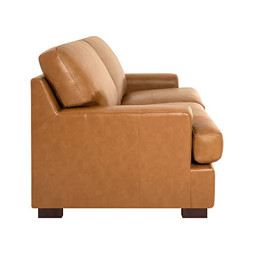 Naomi Home Siggy Genuine Leather Loveseat - Luxurious Comfort, Goose Feather Cushion Filling, Square Arm Design, Sturdy Block Legs, Elegant Tan - Ideal for Living Room, Office, or Bedroom