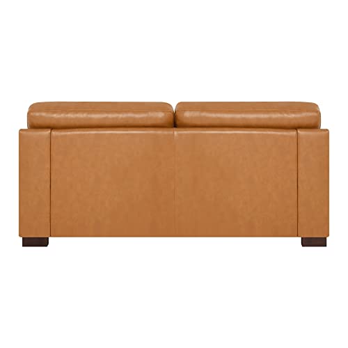 Naomi Home Siggy Genuine Leather Loveseat - Luxurious Comfort, Goose Feather Cushion Filling, Square Arm Design, Sturdy Block Legs, Elegant Tan - Ideal for Living Room, Office, or Bedroom