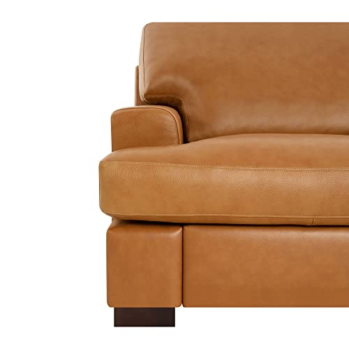 Naomi Home Siggy Genuine Leather Loveseat - Luxurious Comfort, Goose Feather Cushion Filling, Square Arm Design, Sturdy Block Legs, Elegant Tan - Ideal for Living Room, Office, or Bedroom