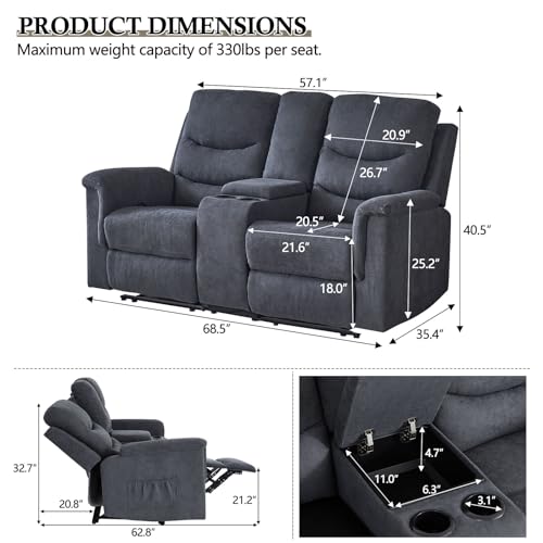 Consofa Reclining Loveseat, Reclining Loveseat with Console, RV Recliner Loveseat Sofa Wall Hugger Reclining Loveseat, Double Recliner Loveseat with Side Pockets & Cup Holders for Living Room