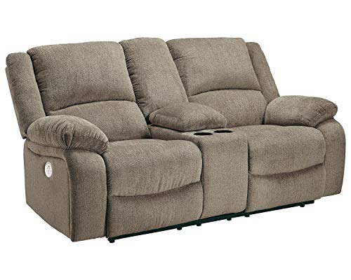 Signature Design by Ashley Draycoll Contemporary Adjustable Power Double Reclining Loveseat with Center Console, Light Brown