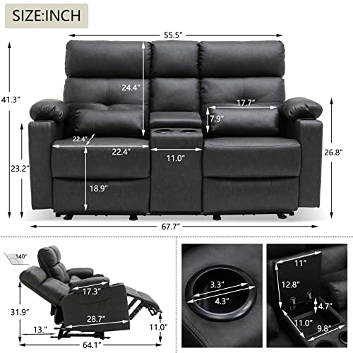 Consofa Power Reclining Loveseat, Reclining Loveseat with Console, 68'' Double Recliner Loveseat with Heat and Massage, Power Recliner Loveseat with Cup Holders, Lumbar Support for Living Room