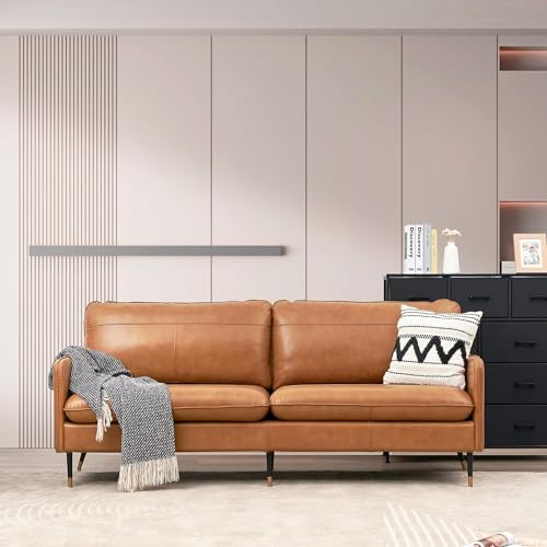 Z-hom 67" Genuine Leather Sofa, Top-Grain 2 Seater Loveseat Couch, Mid-Century Modern Upholstered Sofa for Living Room Bedroom Apartment Office, Cognac Tan