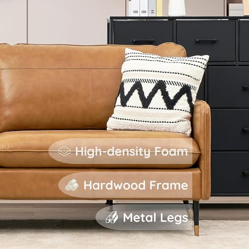 Z-hom 67" Genuine Leather Sofa, Top-Grain 2 Seater Loveseat Couch, Mid-Century Modern Upholstered Sofa for Living Room Bedroom Apartment Office, Cognac Tan