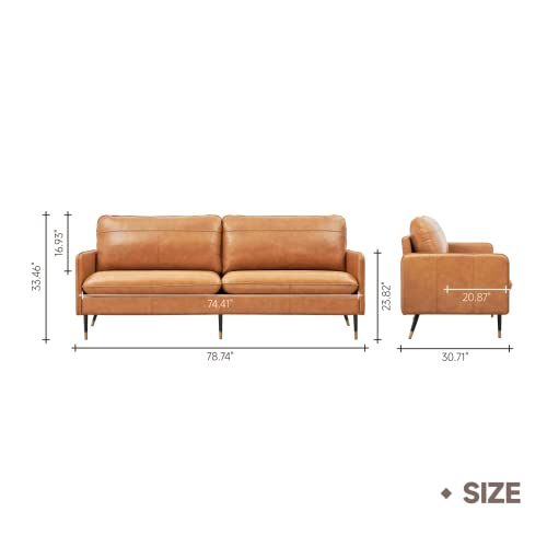 Z-hom 67" Genuine Leather Sofa, Top-Grain 2 Seater Loveseat Couch, Mid-Century Modern Upholstered Sofa for Living Room Bedroom Apartment Office, Cognac Tan