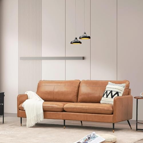 Z-hom 67" Genuine Leather Sofa, Top-Grain 2 Seater Loveseat Couch, Mid-Century Modern Upholstered Sofa for Living Room Bedroom Apartment Office, Cognac Tan