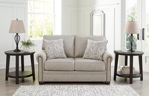 Signature Design by Ashley Gaelon Transitional Loveseat with Nailheads and 2 Accent Pillows, Beige
