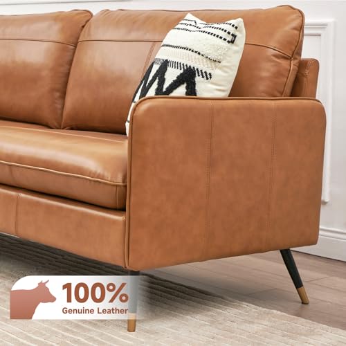 Z-hom 67" Genuine Leather Sofa, Top-Grain 2 Seater Loveseat Couch, Mid-Century Modern Upholstered Sofa for Living Room Bedroom Apartment Office, Cognac Tan