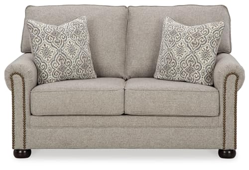 Signature Design by Ashley Gaelon Transitional Loveseat with Nailheads and 2 Accent Pillows, Beige