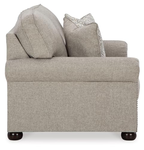 Signature Design by Ashley Gaelon Transitional Loveseat with Nailheads and 2 Accent Pillows, Beige