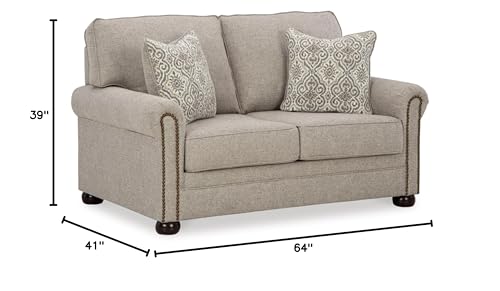 Signature Design by Ashley Gaelon Transitional Loveseat with Nailheads and 2 Accent Pillows, Beige