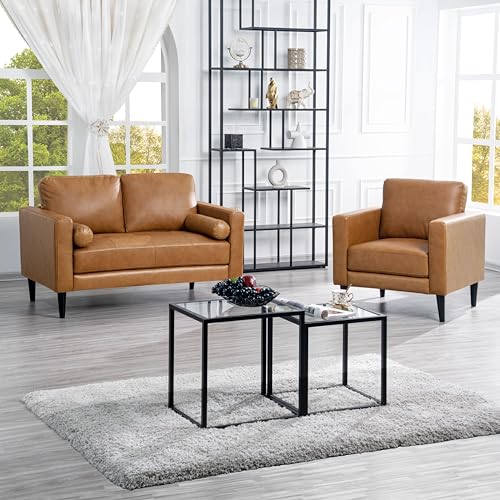 Naomi Home Genuine Leather Upholstered Sofa Set - Revel in Exquisite Leather Opulence - Unparalleled Luxury Mid-Century Leather Chair/Loveseat Tan