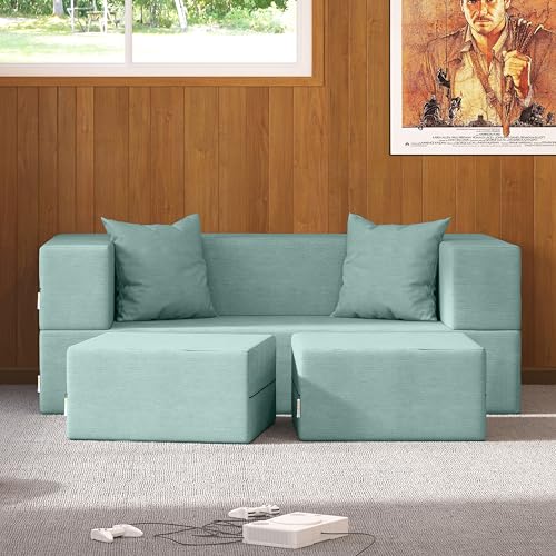Jaxx Zipline Convertible Sleeper Loveseat & Ottomans, Textured Microvelvet - Caribbean