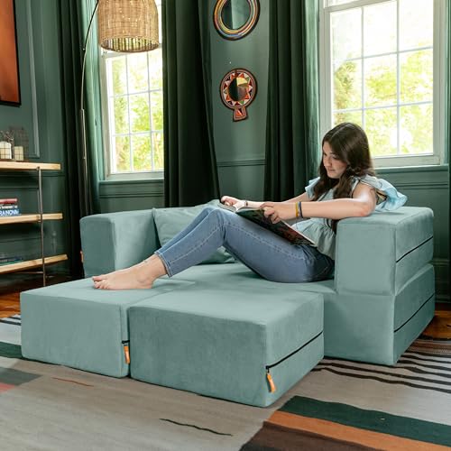 Jaxx Zipline Convertible Sleeper Loveseat & Ottomans, Textured Microvelvet - Caribbean