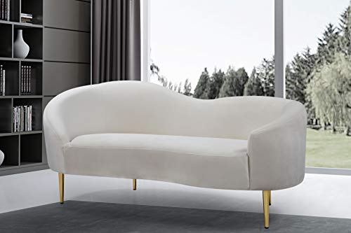 Meridian Furniture Ritz Collection Modern | Contemporary Velvet Upholstered Loveseat with Sturdy Metal Legs in Rich Gold Finish, Cream, 67" W x 31.75" D x 30.5" H