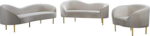 Meridian Furniture Ritz Collection Modern | Contemporary Velvet Upholstered Loveseat with Sturdy Metal Legs in Rich Gold Finish, Cream, 67" W x 31.75" D x 30.5" H
