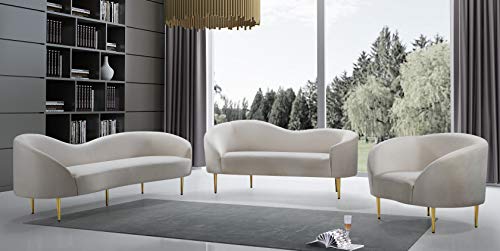 Meridian Furniture Ritz Collection Modern | Contemporary Velvet Upholstered Loveseat with Sturdy Metal Legs in Rich Gold Finish, Cream, 67" W x 31.75" D x 30.5" H