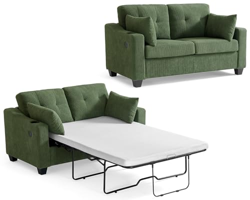 CHIC HOUSE Pull Out Sofa Bed, Full Size Sleeper Sofa, 2-in-1 Convertible Corduroy Couch with USB Charging, Memory Form Couch for Living Room, Apartment and Small Space