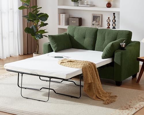 CHIC HOUSE Pull Out Sofa Bed, Full Size Sleeper Sofa, 2-in-1 Convertible Corduroy Couch with USB Charging, Memory Form Couch for Living Room, Apartment and Small Space