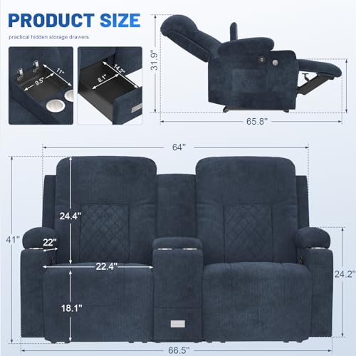YONISEE Fabric Loveseat Recliner, Reclining Loveseat Sofa with Storage Console, Recliner Chair with USB Ports, 2 Cell Phone Holders, Cup Holder, Loveseat Couch for Living Room (Navy Blue)
