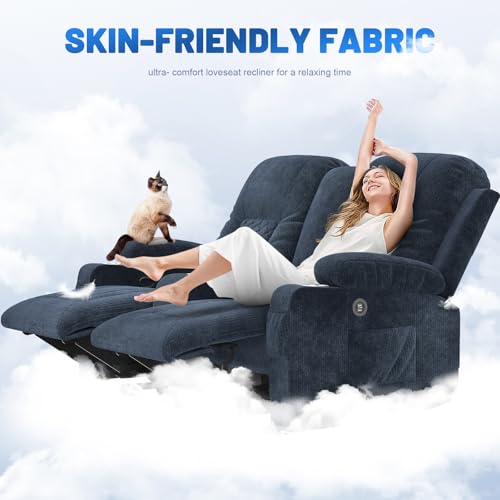 YONISEE Fabric Loveseat Recliner, Reclining Loveseat Sofa with Storage Console, Recliner Chair with USB Ports, 2 Cell Phone Holders, Cup Holder, Loveseat Couch for Living Room (Navy Blue)